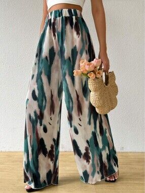 SHEIN Teal, Brown & White Pleated Wide Leg Tie Dye Women's Pants. SIZE L 8/10